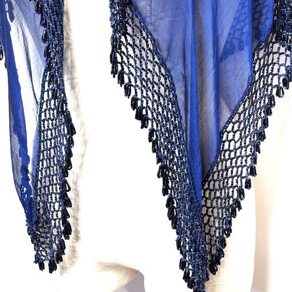 Beaded Royal Blue Sheer Triangle Shawl Scarf 37” x 37” x 61” - Picture 3 of 13